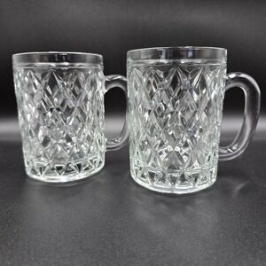 Vintage Paul Sebastian Diamond Cut‎ Crystal Glass Mugs w/ Handle France Set of 2